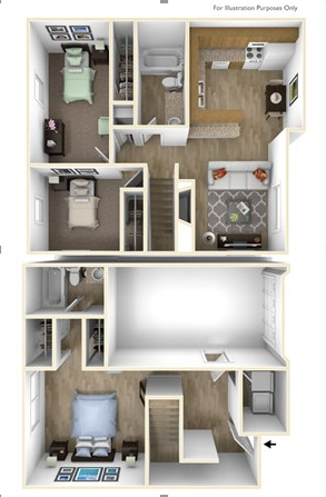 Floor plan for 3 beds, 2 baths, 1250 sqft